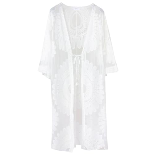 21CVBgQ0pkL.jpg Long White Lightweight Summer Cardigan 2025 Sheer Lace Mesh Crochet Boho Open Front Cover Up Swimsuit Swimwear Bathing Suit