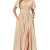31-uRkgM7ML.jpg Women's Chiffon Flutter Sleeve Bridesmaid Dress Long with Slit V-Neck Pleated Formal Evening Party Gowns