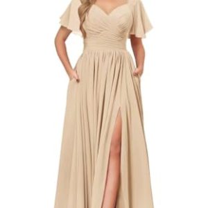 Women's Chiffon Flutter Sleeve Bridesmaid Dress Long with Slit V-Neck Pleated Formal Evening Party Gowns
