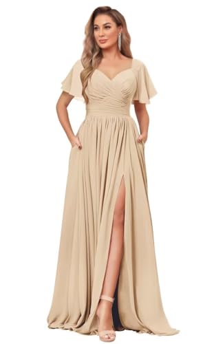 31-uRkgM7ML.jpg Women's Chiffon Flutter Sleeve Bridesmaid Dress Long with Slit V-Neck Pleated Formal Evening Party Gowns