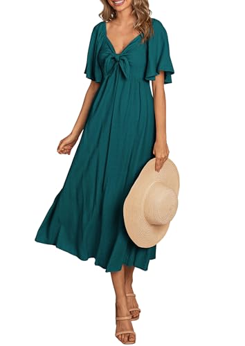 310P8TnUb8L.jpg Summer Dress for Women 2025 Casual Short Sleeve Bow Tie V Neck Ruffle Midi Flowy Dresses