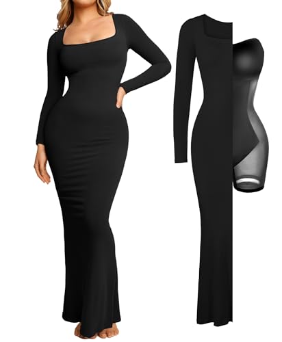 310oc0UxD2L.jpg Long Sleeve Maxi Dress Bodycon Cocktail Dress Shapewear Tummy Control Fall Formal Dresses Built-in Bra