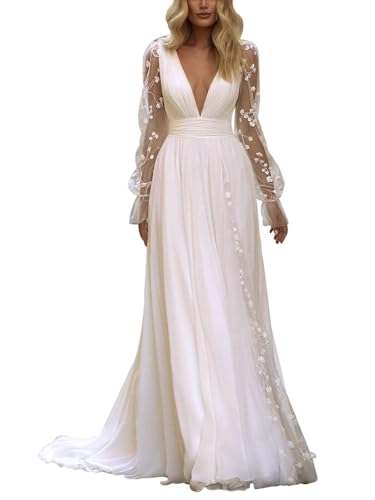 312MgQPkQL.jpg Long Sleeves Wedding Dresses for Bride Lace Chiffon A Line Long Beach Bridal Dress for Women