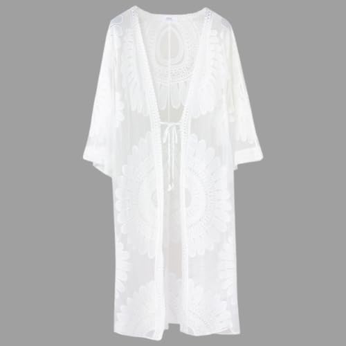 313LCUDTwKL.jpg Long White Lightweight Summer Cardigan 2025 Sheer Lace Mesh Crochet Boho Open Front Cover Up Swimsuit Swimwear Bathing Suit
