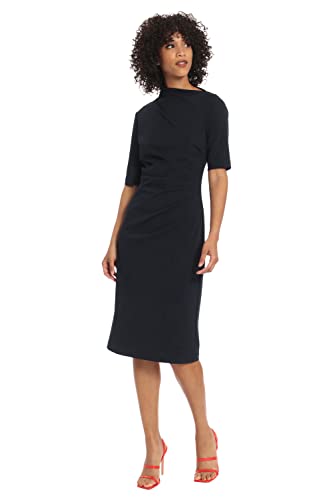 Women's Side Pleat Dress with Asymmetric Neck and Elbow Sleeves