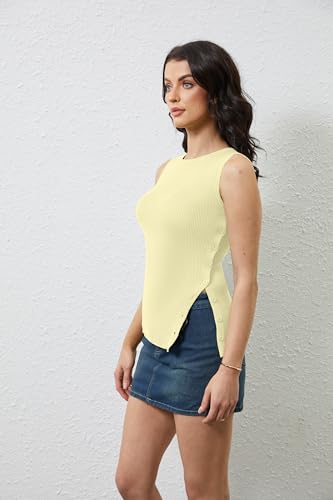 315A6Rtks8L.jpg Women Asymmetrical Button Down Side Split Sleeveless Tank Tops Boat Neck Slim Fit Summer Casual Side Button Knit Vest