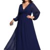 Women's V Neck Long Sleeves A Line Pleated Chiffon Plus Size Maxi Formal Evening Dresses 02235-DA