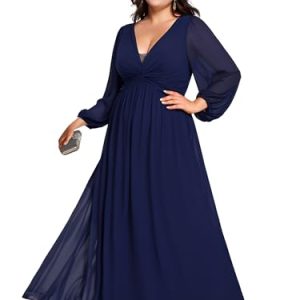 Women's V Neck Long Sleeves A Line Pleated Chiffon Plus Size Maxi Formal Evening Dresses 02235-DA