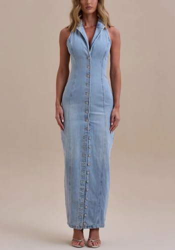 Women's Casual Button Down Maxi Denim Dresses Sexy Bodycon Sleeveless V Neck A-Line Long Jean Skirt Dress