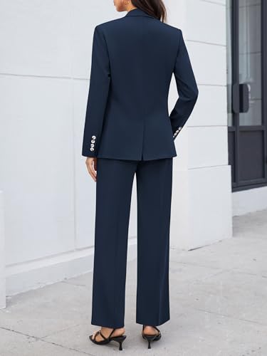 318eqFp2vGL.jpg Women's 2 Piece Business Casual Outfits Double Breasted Blazer Dressy Wide Leg Work Pants Suits Set