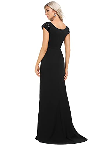 Women's V-Neck Cap Sleeves Sequin Mermaid Floor-Length Evening Dresses 01586
