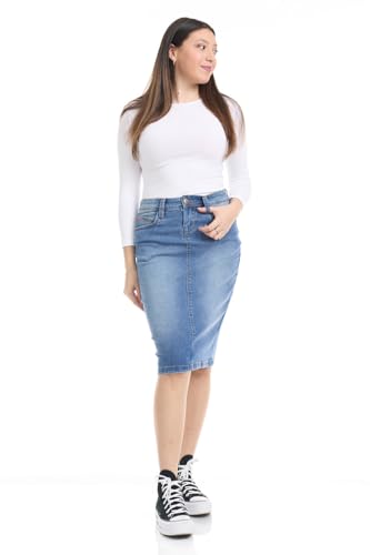 31EYzxN5mL.jpg Repreve Denim Knee-Length Jean Skirt for Women with Pockets - Melrose