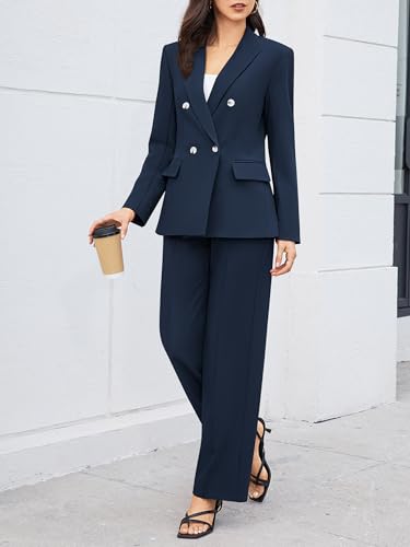 31Ft2ubC0L.jpg Women's 2 Piece Business Casual Outfits Double Breasted Blazer Dressy Wide Leg Work Pants Suits Set