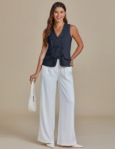 Linen Vest for Women Trendy Sleeveless Tie Front Tops Summer Casual Top Waistcoat Suit Vests with Pockets