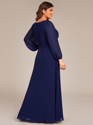 Women's V Neck Long Sleeves A Line Pleated Chiffon Plus Size Maxi Formal Evening Dresses 02235-DA