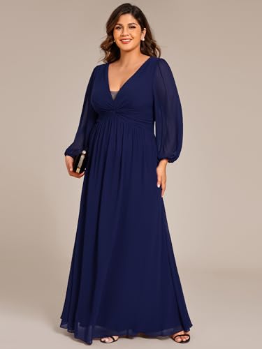 Women's V Neck Long Sleeves A Line Pleated Chiffon Plus Size Maxi Formal Evening Dresses 02235-DA