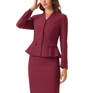 Business Suit Sets for Women's 2 Piece Outfits Collarless Peplum Blazer Formal Pencil Skirt Suit