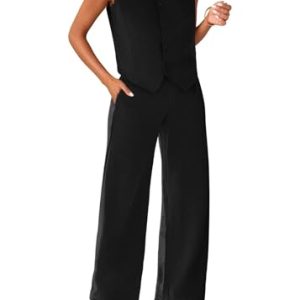 Womens Two Piece Outfits Summer Fashion Button V Neck Crop Vest Blazer and Wide Leg Pants Suit Matching Sets