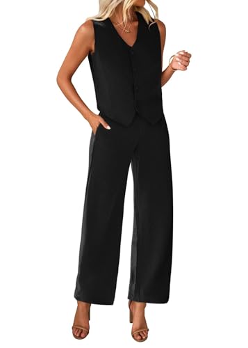 Womens Two Piece Outfits Summer Fashion Button V Neck Crop Vest Blazer and Wide Leg Pants Suit Matching Sets