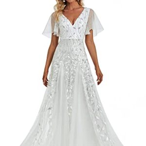Women's Sequin Sparkly V-Neck Short Sleeve A-Line Floor Length Evening Dress 00734