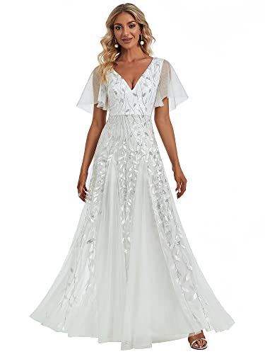 31JD9s0LSQL.jpg Women's Sequin Sparkly V-Neck Short Sleeve A-Line Floor Length Evening Dress 00734