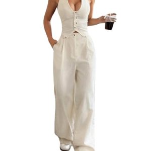 Women's 2 Piece Outfits Halter Button Down Vest Crop Tops and High Waisted Pants Set