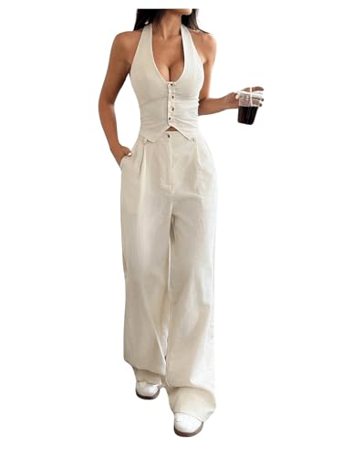 Women's 2 Piece Outfits Halter Button Down Vest Crop Tops and High Waisted Pants Set