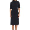 Women's Side Pleat Dress with Asymmetric Neck and Elbow Sleeves