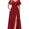 31Lp657xTRL.jpg Women's Chiffon Flutter Sleeve Bridesmaid Dress Long with Slit V-Neck Pleated Formal Evening Party Gowns