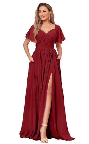 31Lp657xTRL.jpg Women's Chiffon Flutter Sleeve Bridesmaid Dress Long with Slit V-Neck Pleated Formal Evening Party Gowns