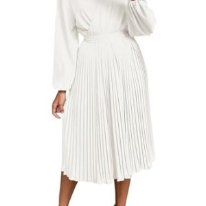 Women's Spring Midi Dress Long Puff Sleeve Wrap V Neck Flowy Ruffle Pleated Casual Fall Dresses