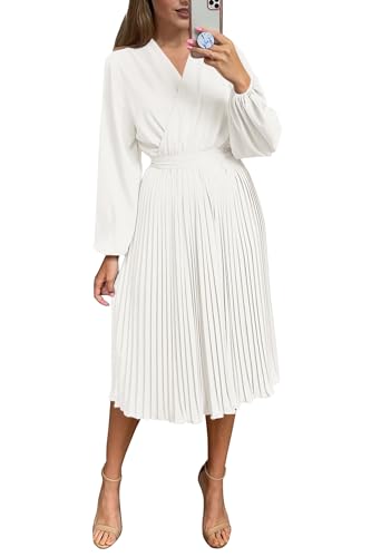 Women's Spring Midi Dress Long Puff Sleeve Wrap V Neck Flowy Ruffle Pleated Casual Fall Dresses