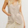 Womens Scoop Neck Blazer Vest Summer Linen Sleeveless Fitted Waistcoat Work Casual Cotton Suit Tops