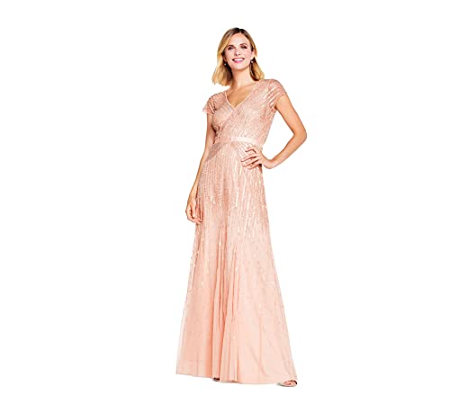 Women's Long Beaded V-Neck Dress with Cap Sleeves and Waistband