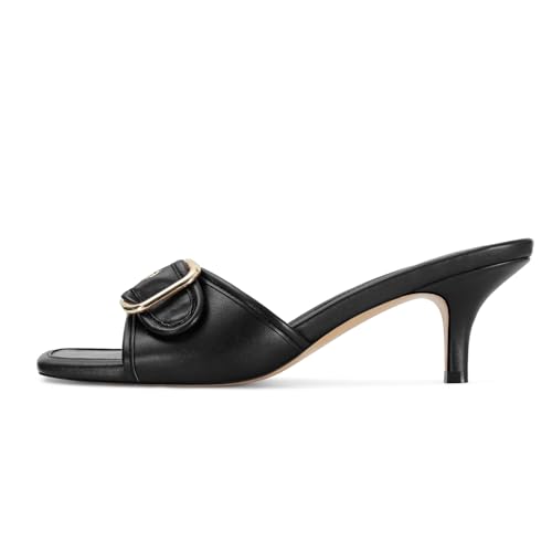 Black Kitten Heel Sandals Stiletto Low Heels Slip On Slides Mule Sandal Square Open Toe Dress Shoes for Women