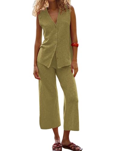 31QWXiLnxL.jpg Women's 2025 Sweater Set Sleeveless Button Down Vest Wide Leg Pants 2 Piece Outfits Summer Casual Matching Loungewear