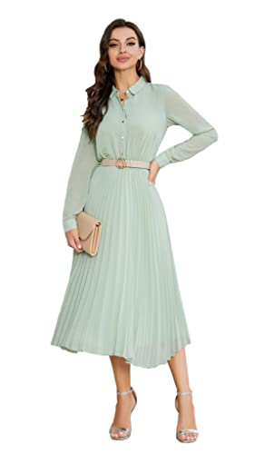 Business Casual Shirt Dress for Women Long Sleeves Pleated Midi Dresses with Belt