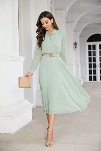 Business Casual Shirt Dress for Women Long Sleeves Pleated Midi Dresses with Belt