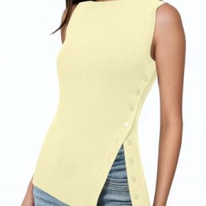 Women Asymmetrical Button Down Side Split Sleeveless Tank Tops Boat Neck Slim Fit Summer Casual Side Button Knit Vest