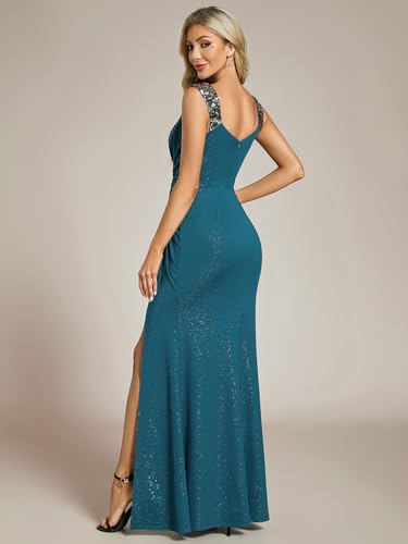 31ZaDXNgELL.jpg Women's V Neck Stretchy Glitter Bodycon Ball Gowns Sleeveless High Split Formal Evening Dresses 01888