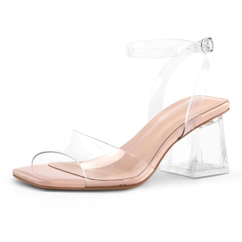 31ZqW93aasL.jpg Women's Clear Heels Low Chunky Heel Open Toe Transparent Zebra Rhinestones Block Heeled Sandals Ankle Strap Shoes