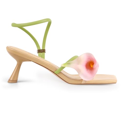 Flower Kitten Heels for Women Calla Lily Square Open Toe Floral Strappy Low Kitty Heeled Sandals Dressy Wedding Shoes