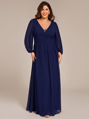 Women's V Neck Long Sleeves A Line Pleated Chiffon Plus Size Maxi Formal Evening Dresses 02235-DA