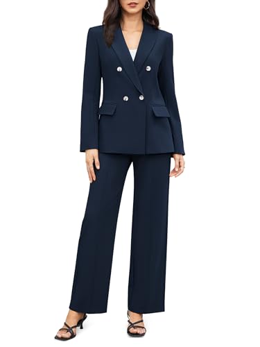 31dmH1HcdLL.jpg Women's 2 Piece Business Casual Outfits Double Breasted Blazer Dressy Wide Leg Work Pants Suits Set