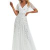 31eECl9FD7L.jpg Women's Sequin Sparkly V-Neck Short Sleeve A-Line Floor Length Evening Dress 00734