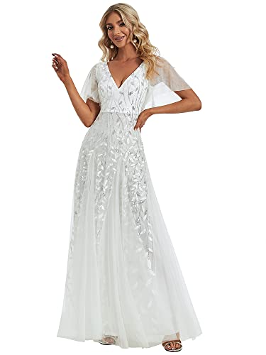 31eECl9FD7L.jpg Women's Sequin Sparkly V-Neck Short Sleeve A-Line Floor Length Evening Dress 00734