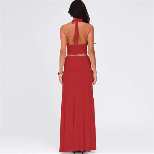 Women 2 Piece Outfits Sleeveless Strap Top Maxi Skirt Solid Color Going Out Vacation 2 Piece Sets for Women