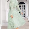 Business Casual Shirt Dress for Women Long Sleeves Pleated Midi Dresses with Belt