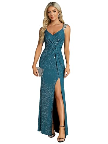 31gBYvO63L.jpg Women's V Neck Stretchy Glitter Bodycon Ball Gowns Sleeveless High Split Formal Evening Dresses 01888