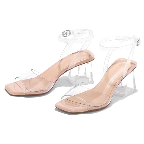 31hnEzRgRsL.jpg Women's Clear Heels Low Chunky Heel Open Toe Transparent Zebra Rhinestones Block Heeled Sandals Ankle Strap Shoes